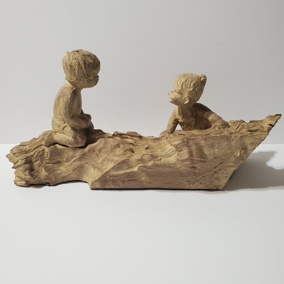 Vintage Haeger Pottery M. Strubel Resin Sculpture 2 Children On A Fallen Tree - Picture 8 of 16
